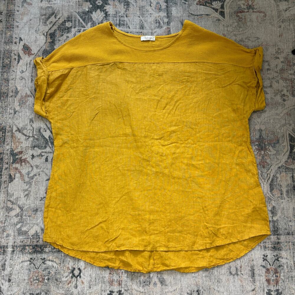 BELLA UMBRA Top 1X Linen Cotton Basketweave Cuffed Sleeve Autumn Yellow Italy